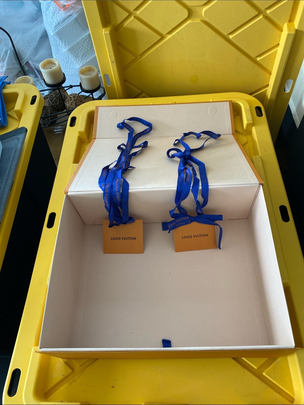 Louis Vuitton Orange Box with Blue Ribbons and Tags